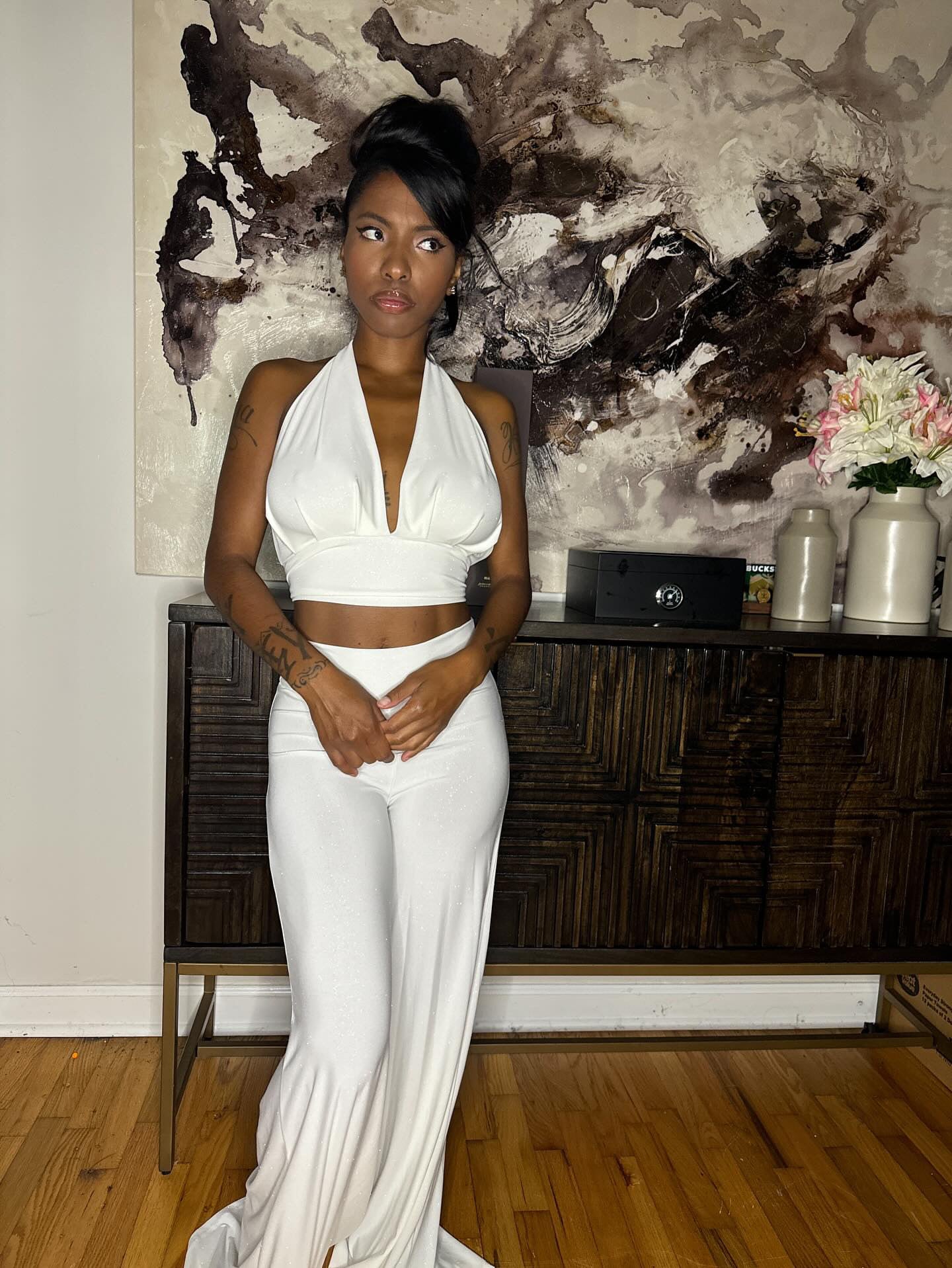 BBTM SS DRAPE HALTER TOP WHITE