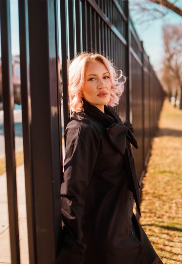 I AM THE PRESENT oversized black button-up bow tie dress