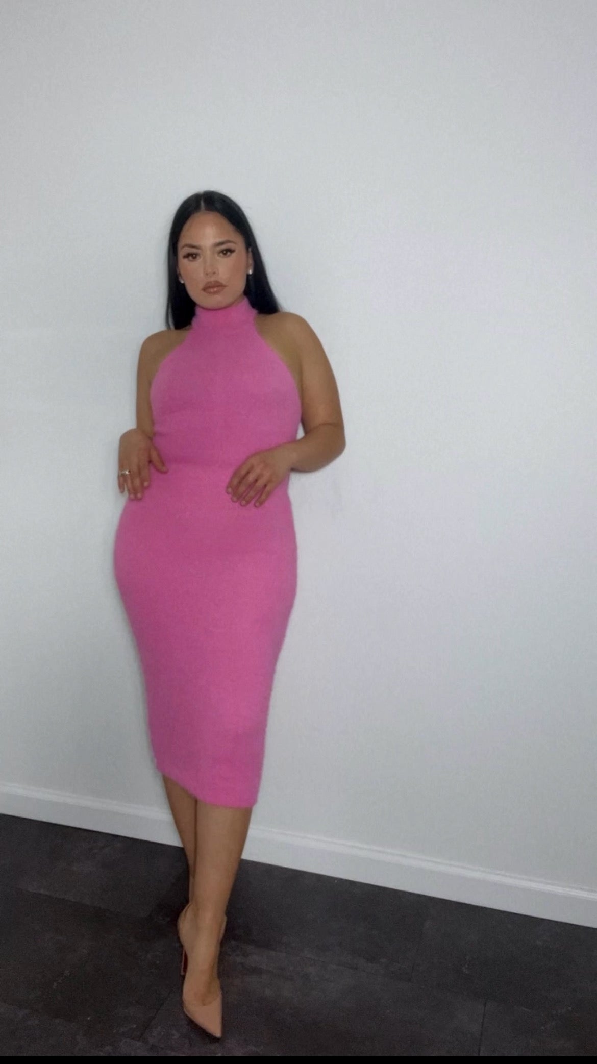 Lux pink high neck midi dress