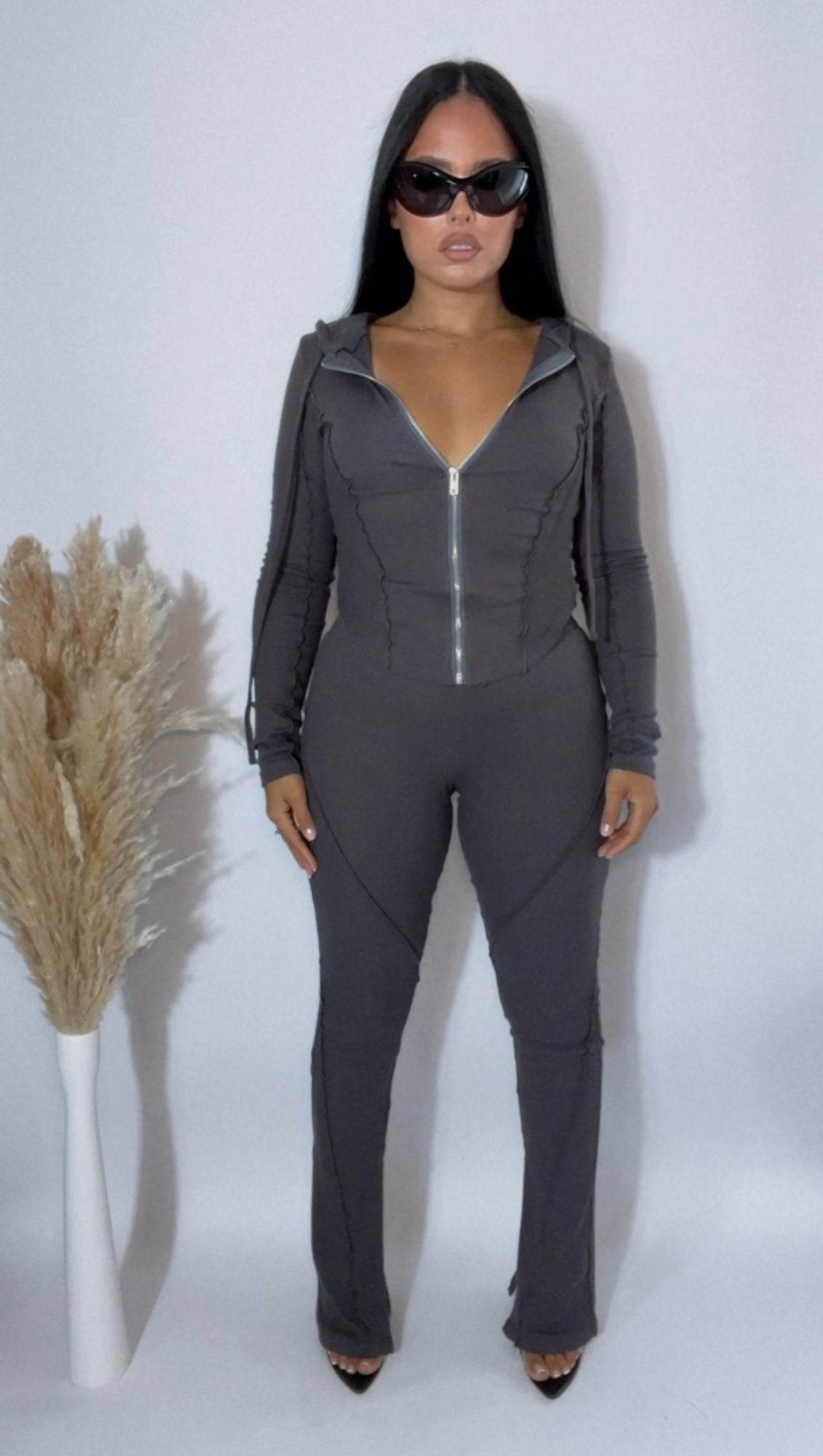 BBTM CHIC RIBBED ZIP HOODIE charcoal grey