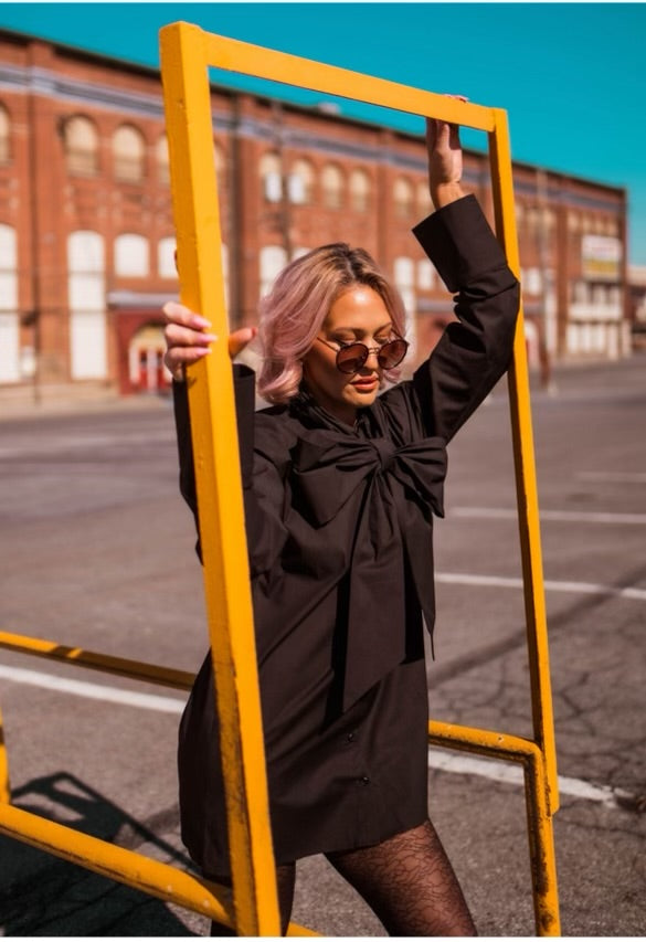 I AM THE PRESENT oversized black button-up bow tie dress