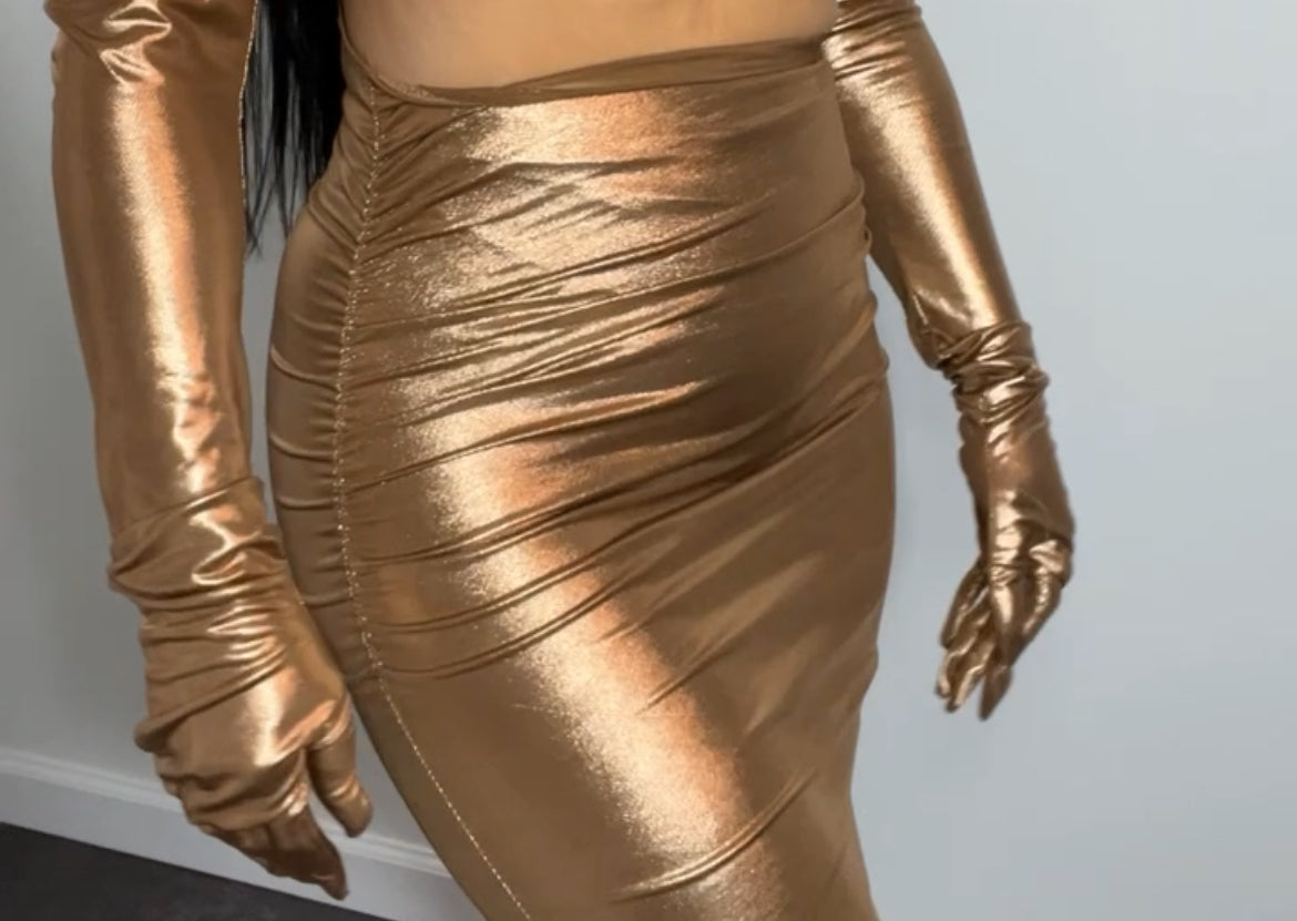 METALLIC BRONZE DRIP DRESS