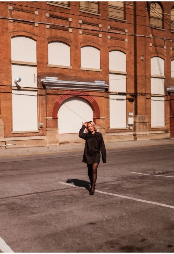 I AM THE PRESENT oversized black button-up bow tie dress