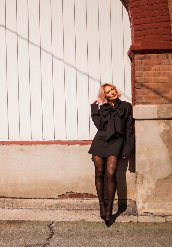I AM THE PRESENT oversized black button-up bow tie dress