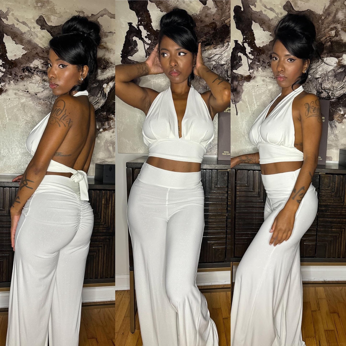 BBTM SS DRAPE HALTER TOP WHITE