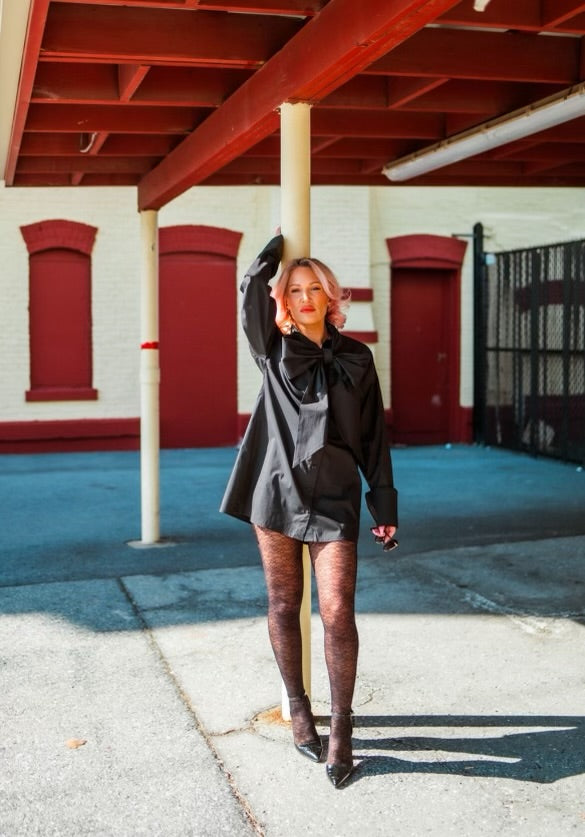 I AM THE PRESENT oversized black button-up bow tie dress