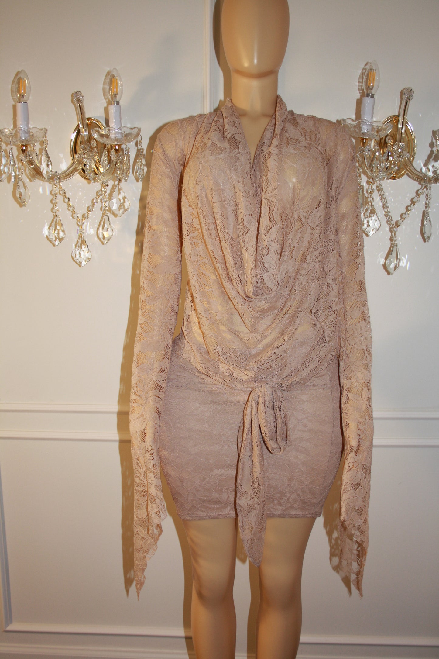 BBTM NUDE LACE TIE/drape DRESS