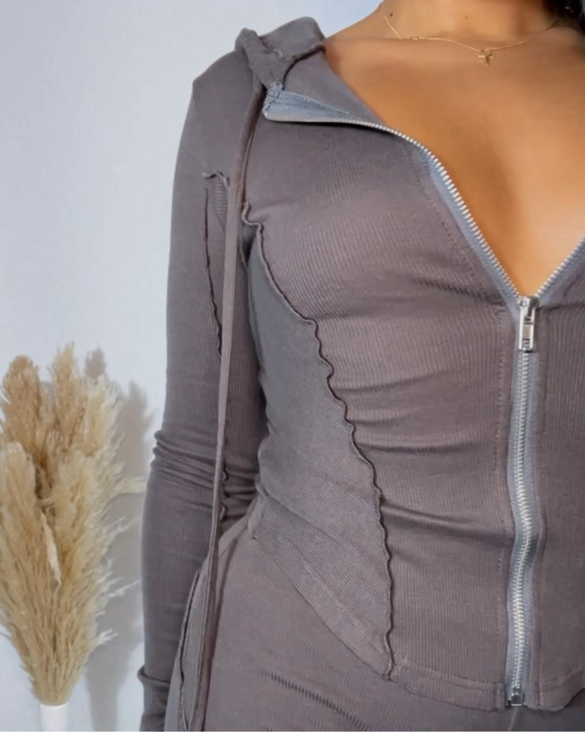 BBTM CHIC RIBBED ZIP HOODIE charcoal grey