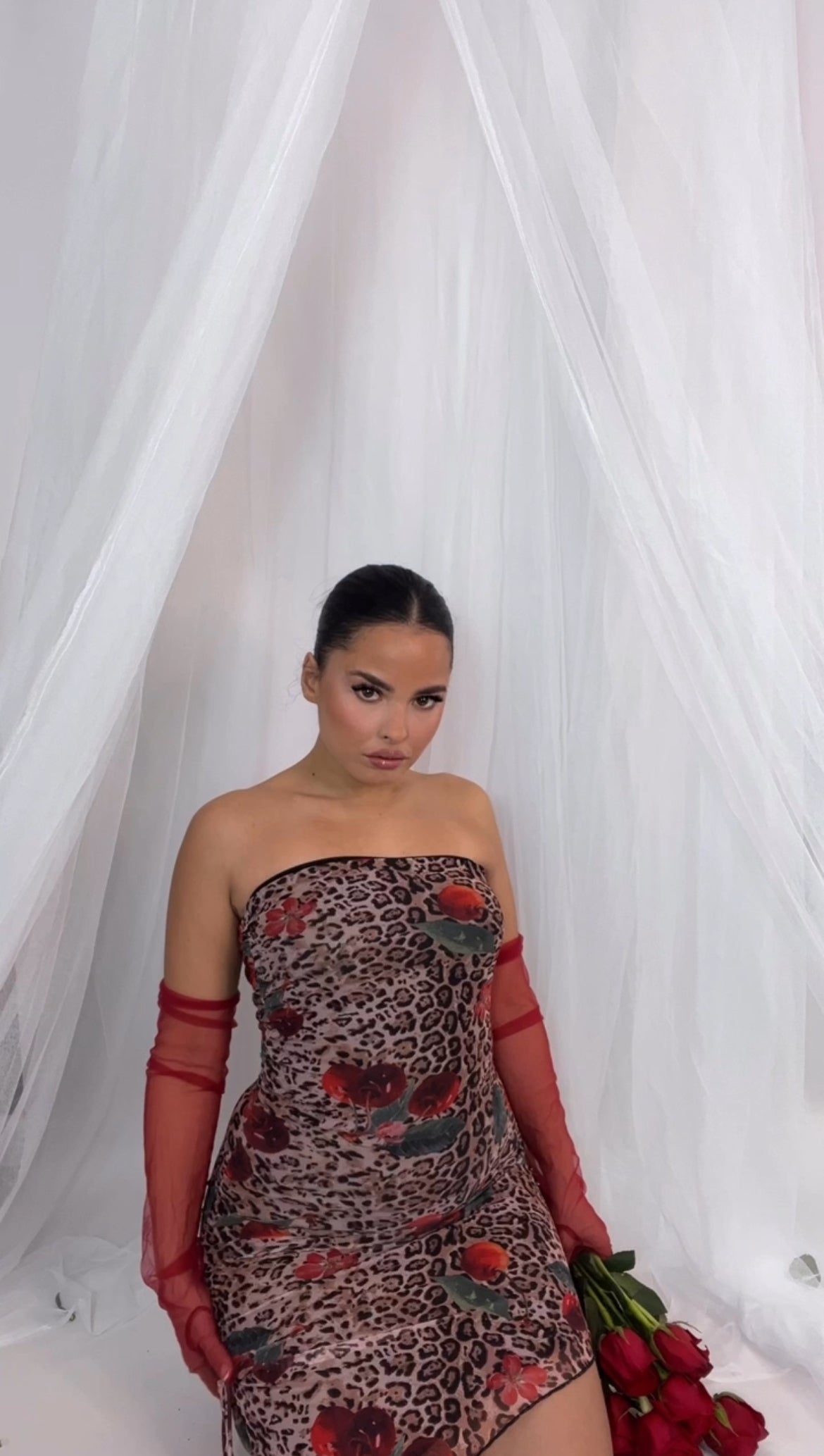 BBTM MESH FLORAL CHERRY LEOPARD ASYMMETRICAL DRESS