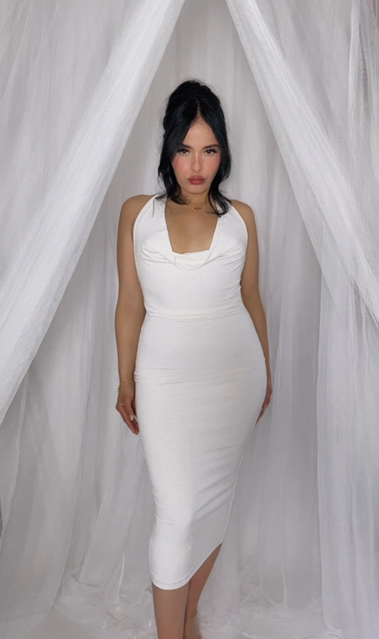 BBTM SS DRAPE PEARL WHITE MIDI DRESS