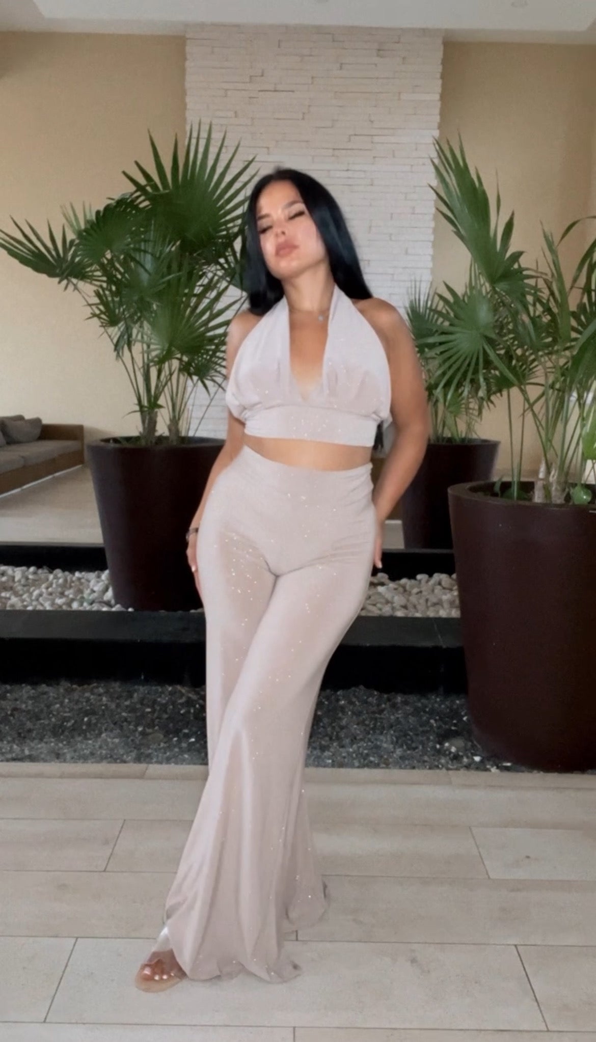 BBTM SS DRAPE HALTER TOP TAUPE