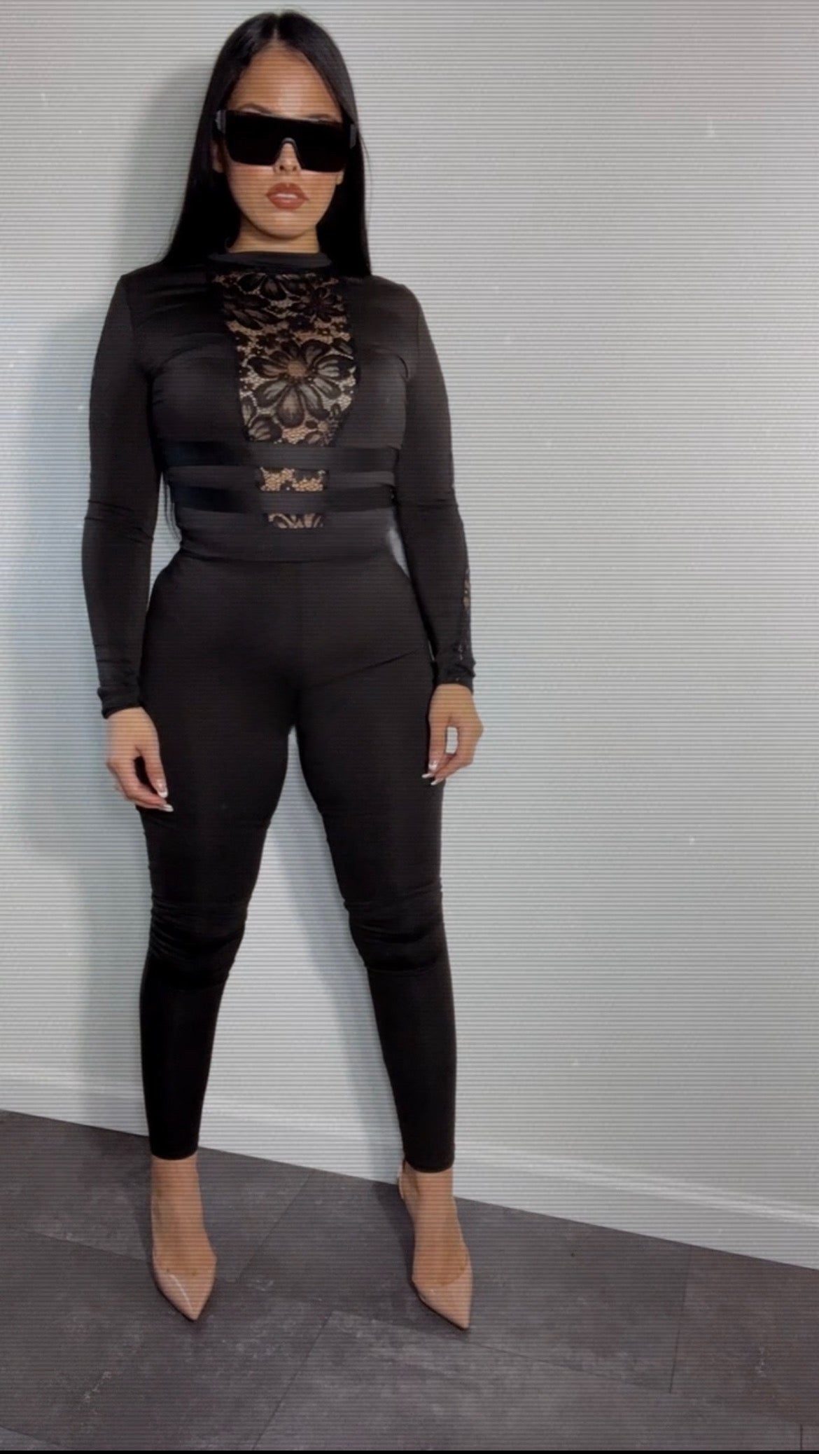 Black laced catsuit