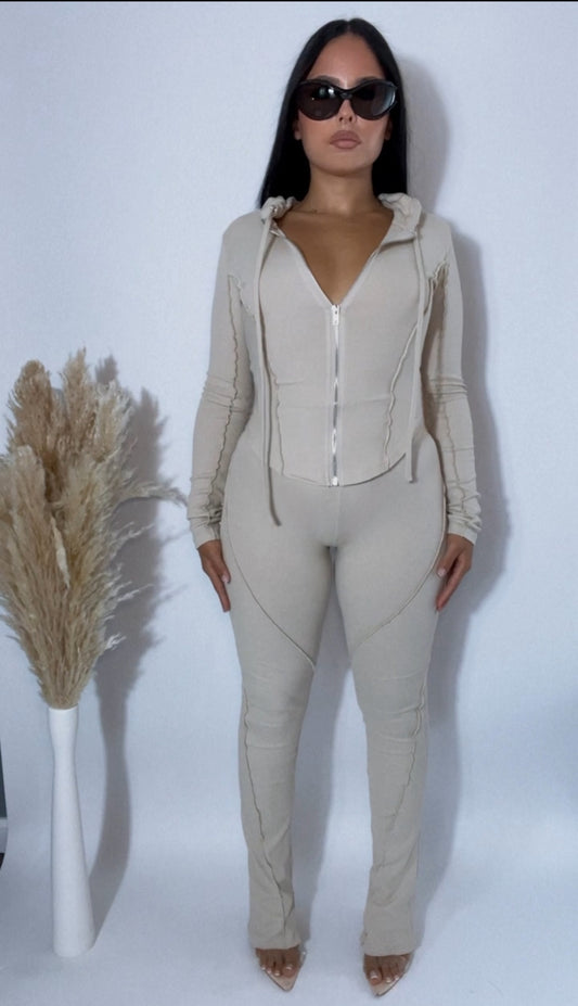 BBTM CHIC RIBBED ZIP HOODIE creamy taupe