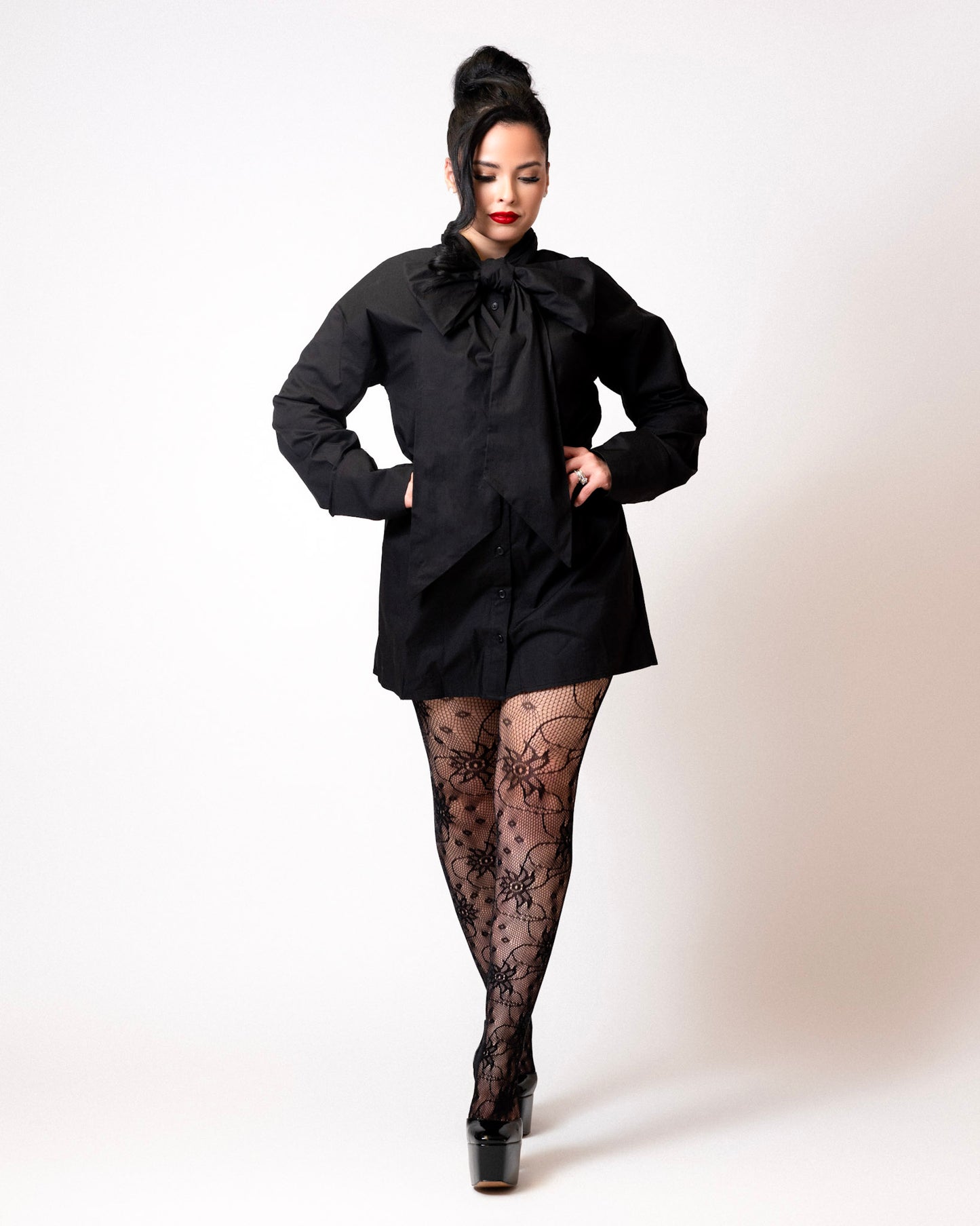 I AM THE PRESENT oversized black button-up bow tie dress