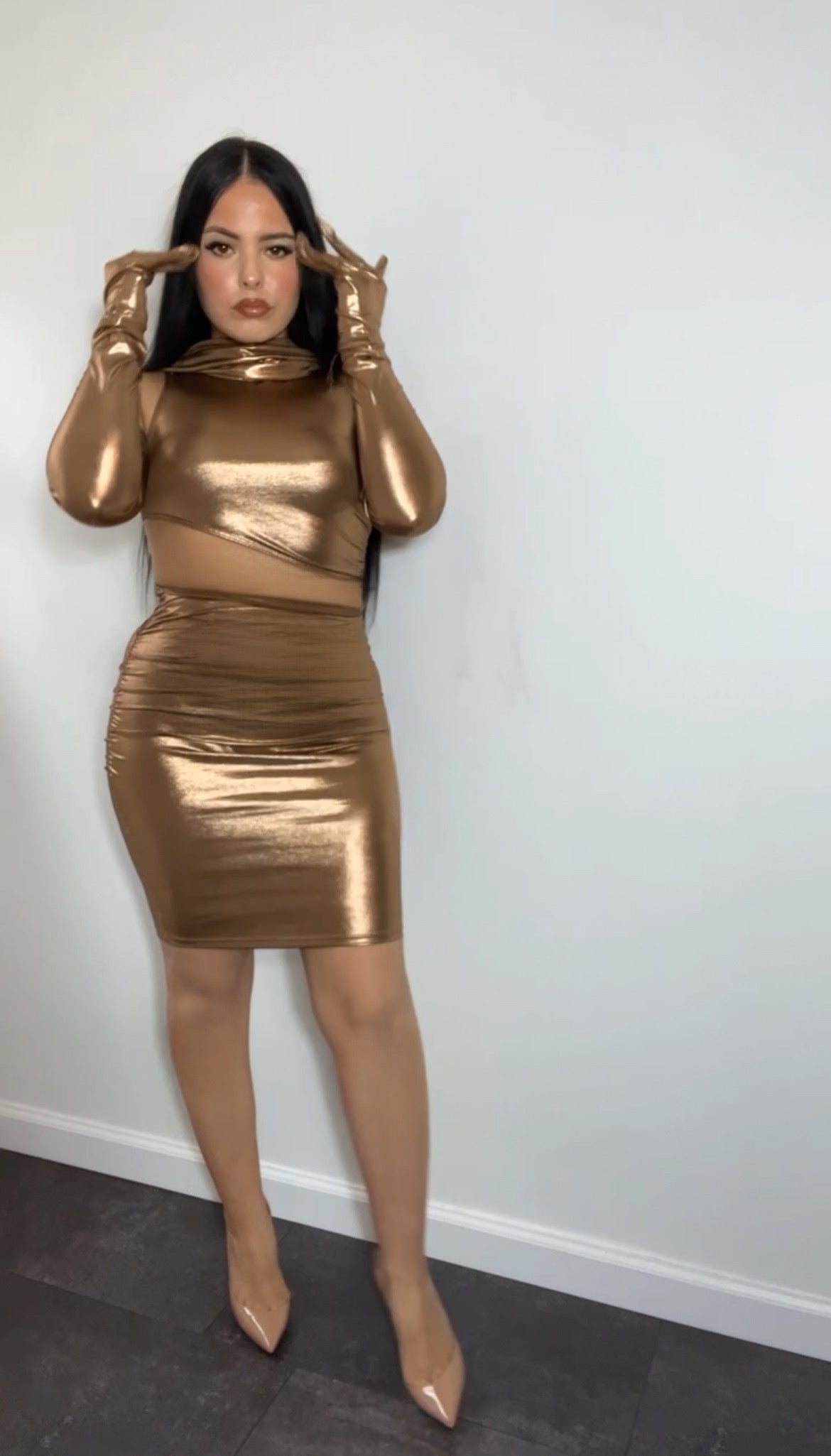 METALLIC BRONZE DRIP DRESS