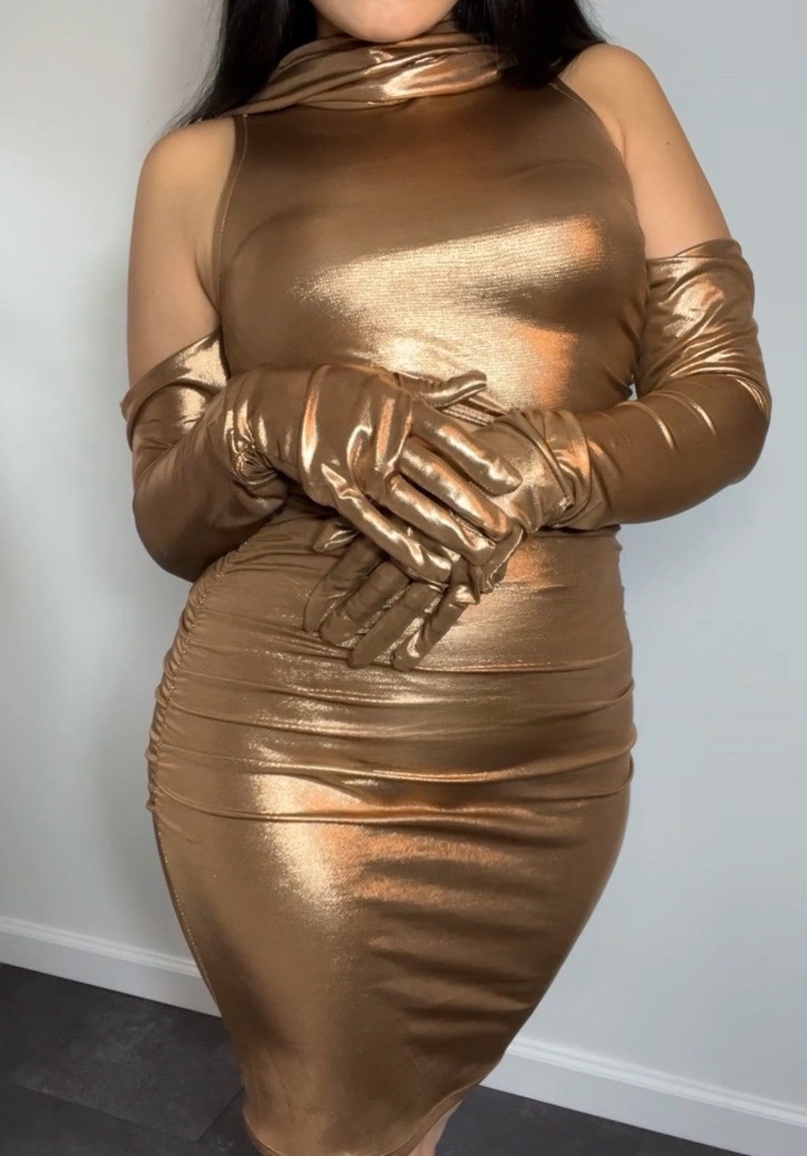METALLIC BRONZE DRIP DRESS