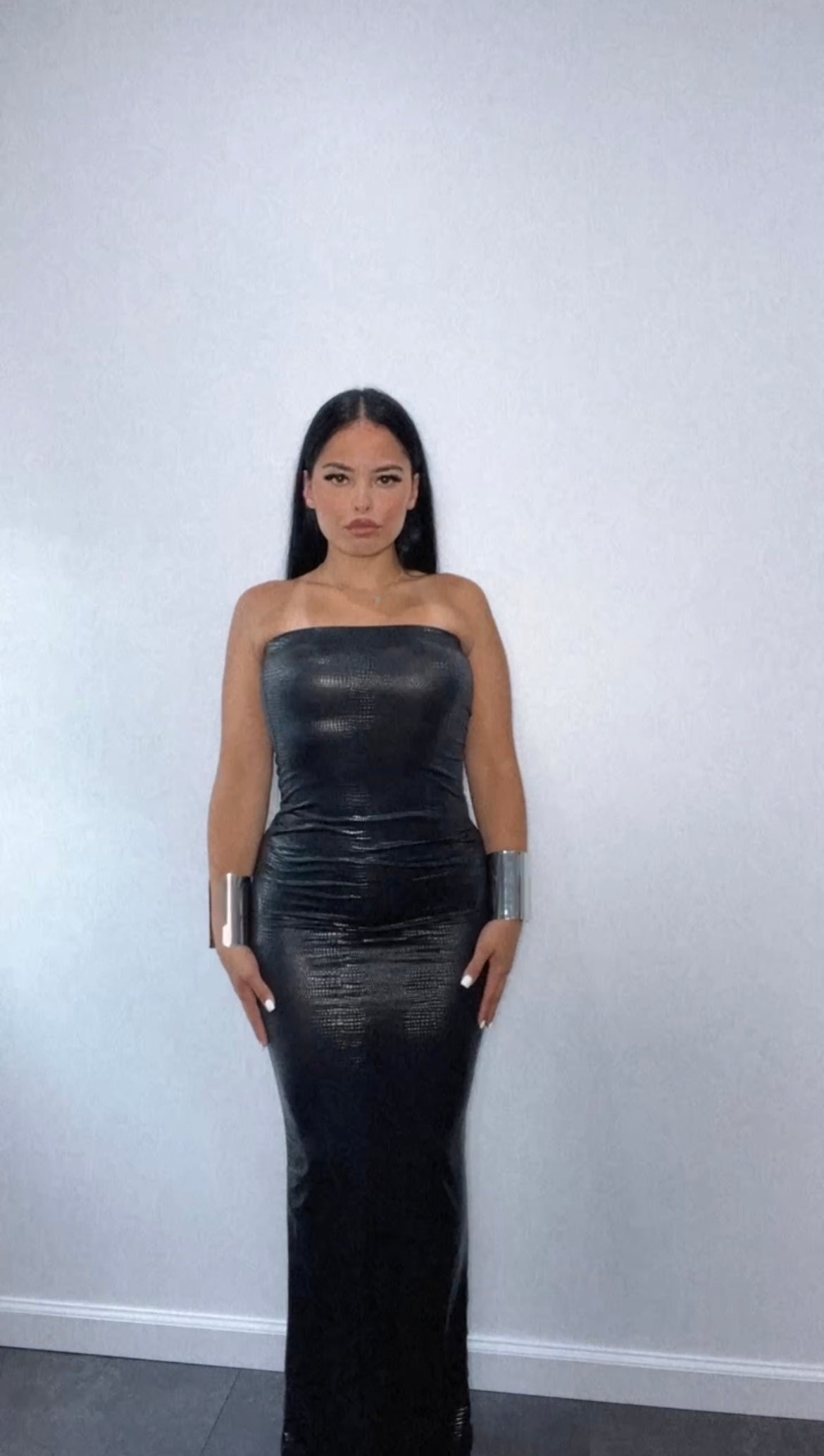 CROC leather strapless maxi dress