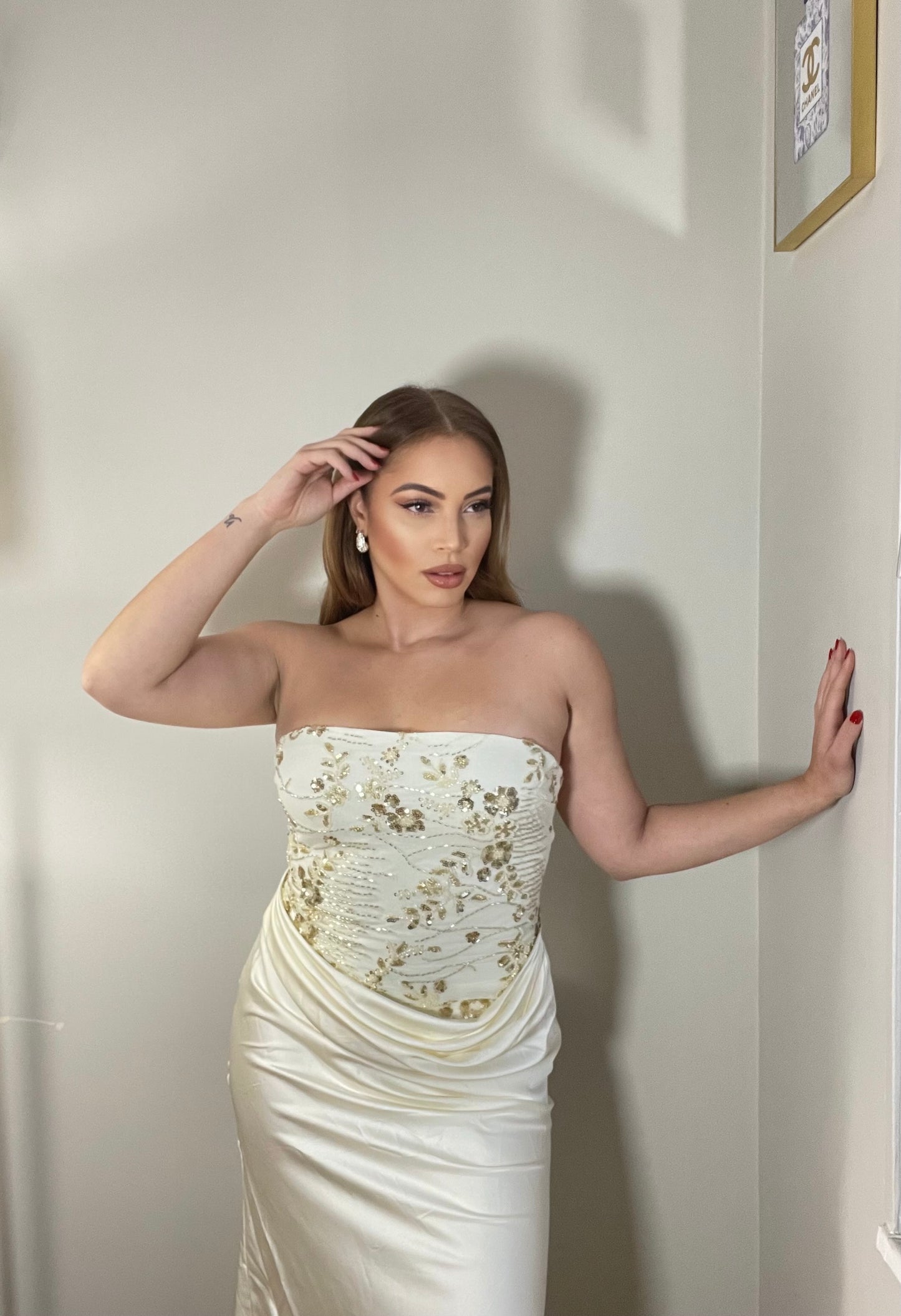 BBTM HOLIDAY WHITE/gold satin dress
