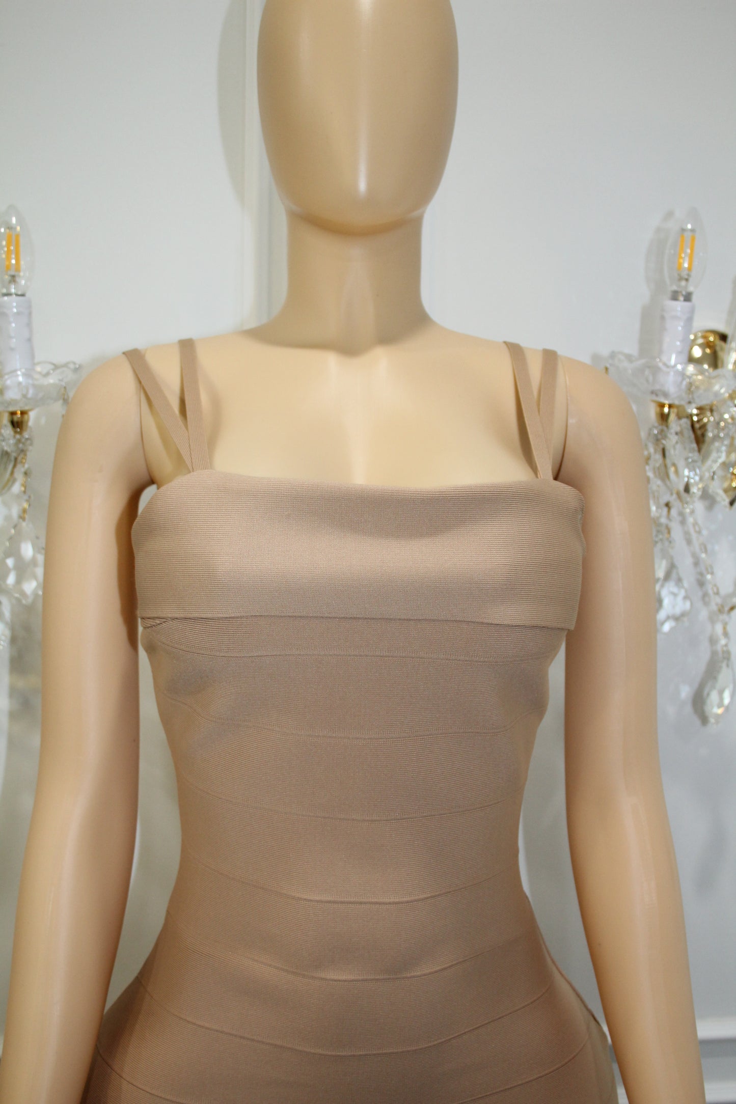 BBTM nude tan bandage midi dress