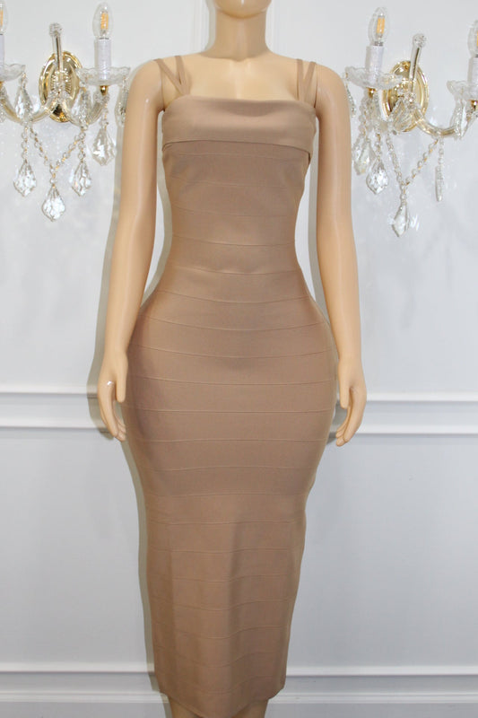 BBTM nude tan bandage midi dress