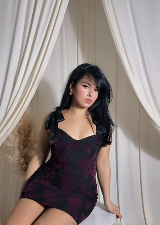 BBTM rose velvet black and plum mini tie dress