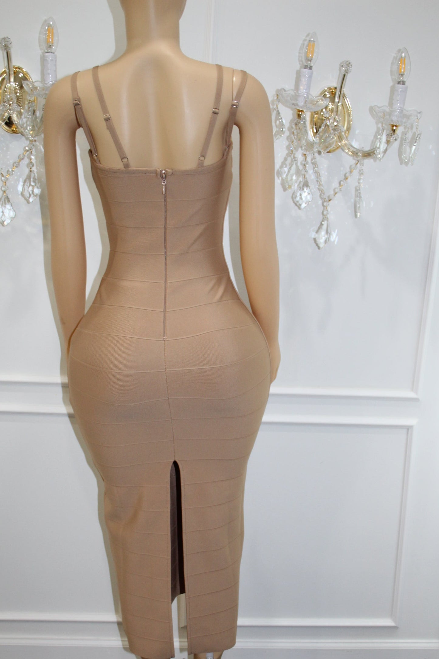 BBTM nude tan bandage midi dress