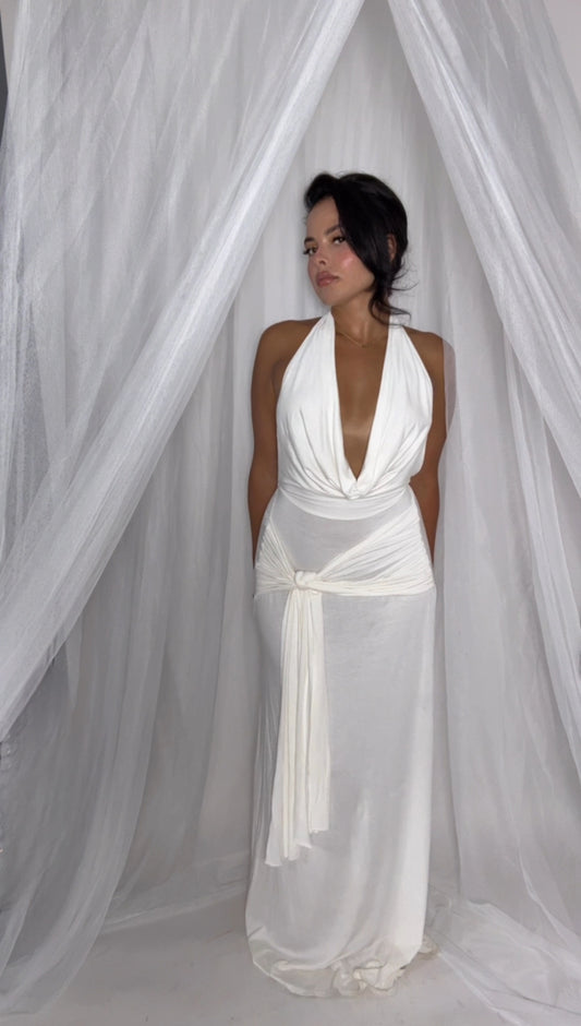 BBTM GODDESS WHITE HALTER/DRAPE MAXI DRESS