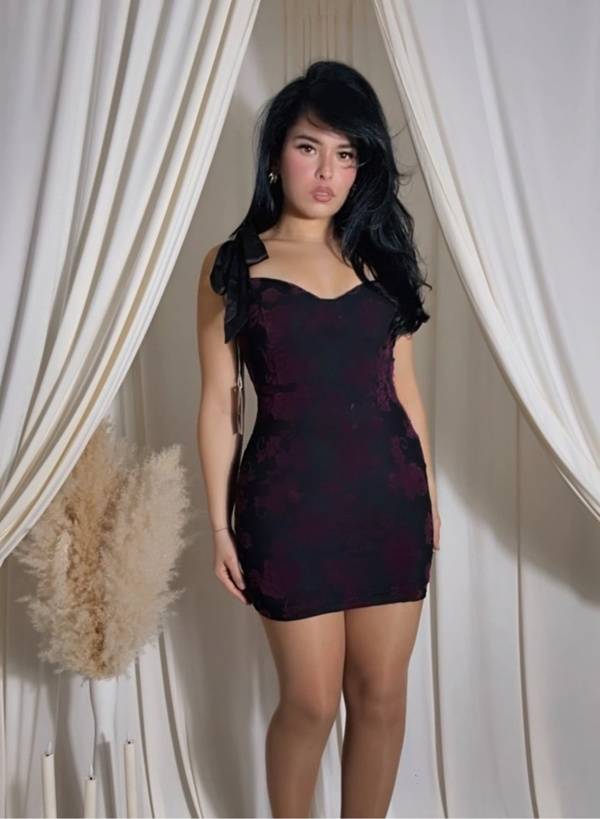 BBTM rose velvet black and plum mini tie dress