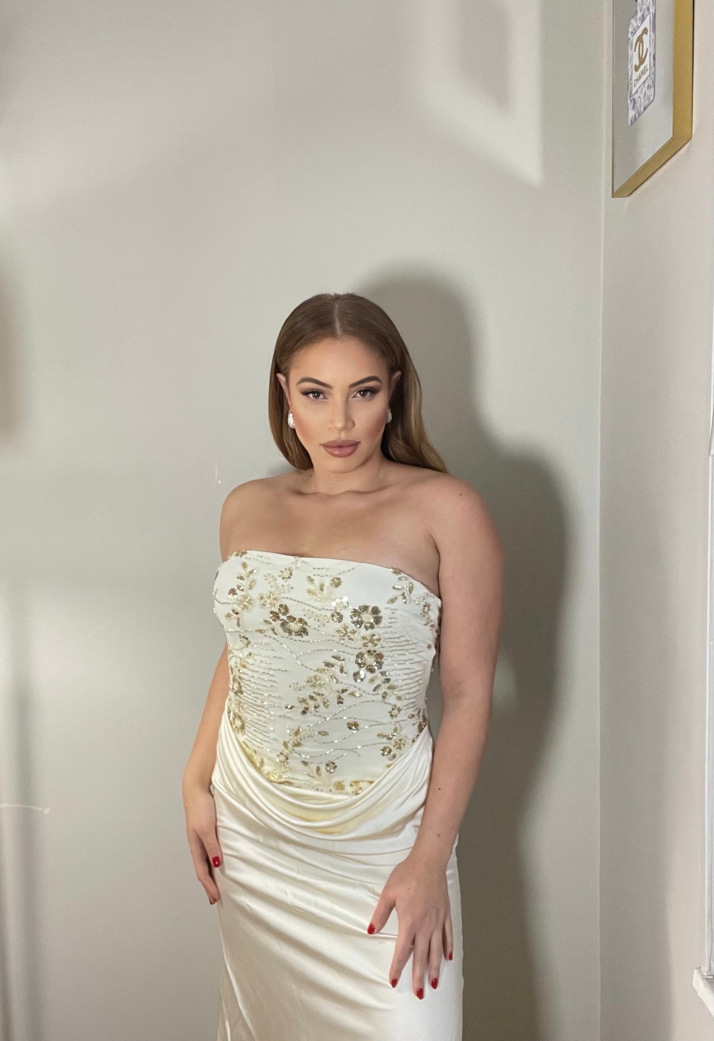BBTM HOLIDAY WHITE/gold satin dress