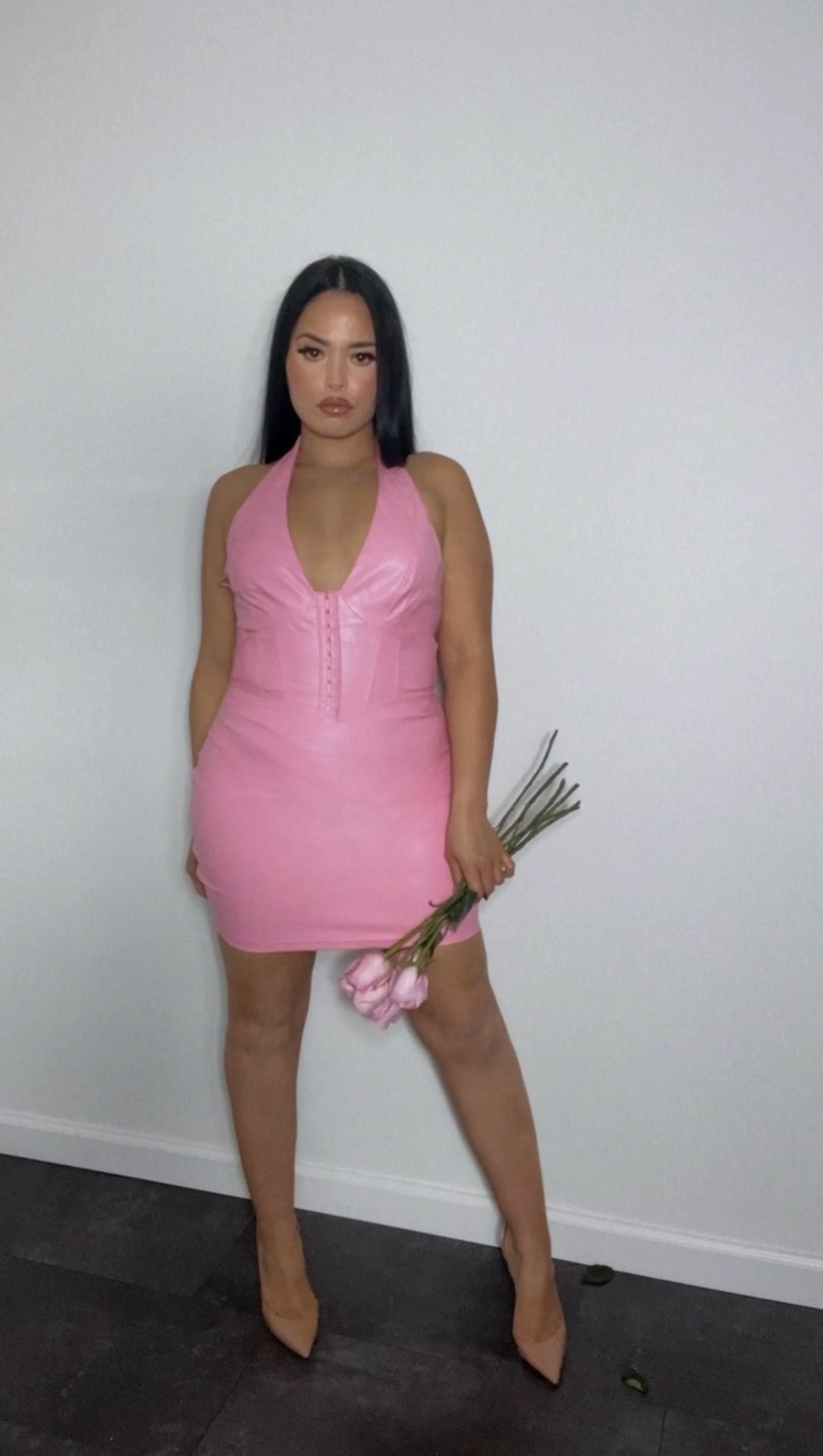 Soft pink PU halter neck dress