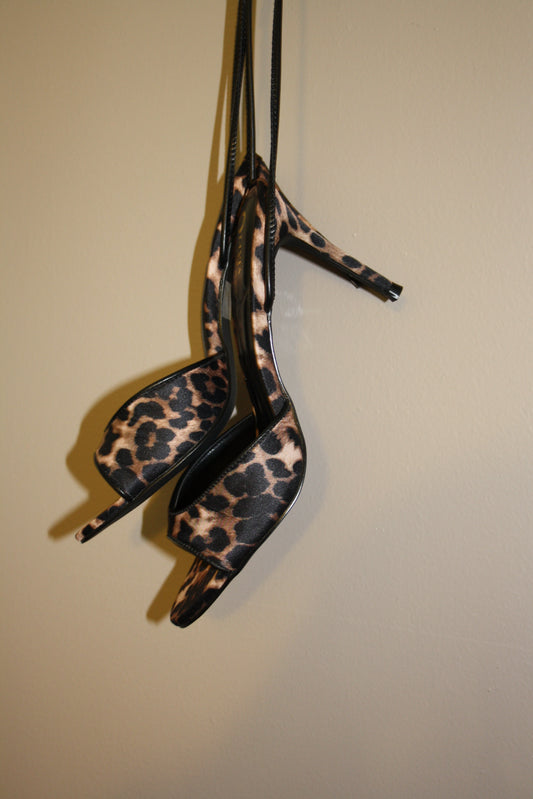 BBTM/Olivia leopard open toe mule tie up heel