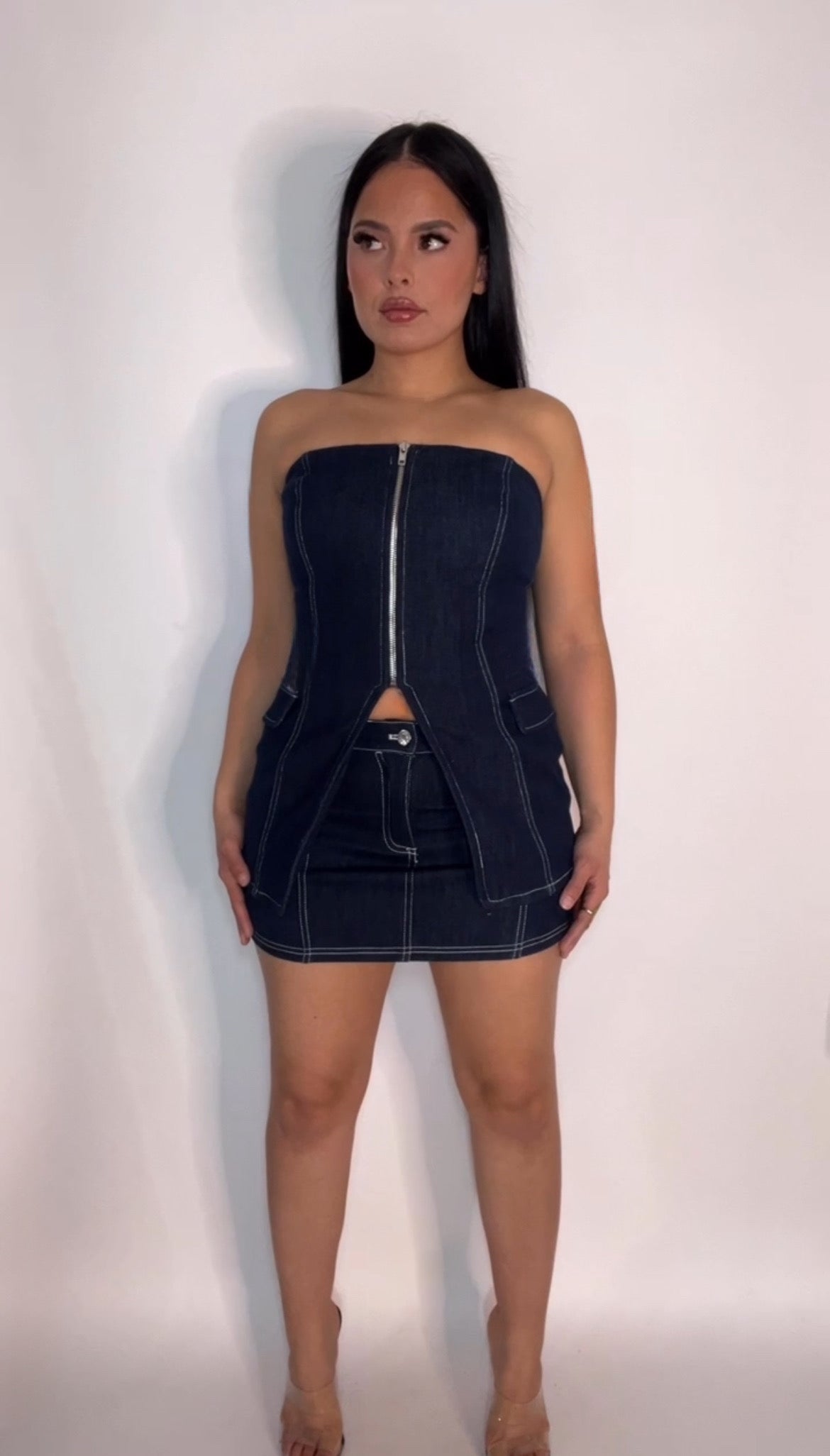 BBTM D denim zippered cargo tube top