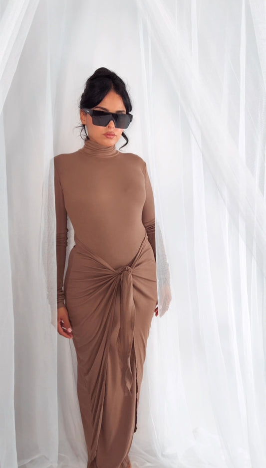 BBTM long sleeve turtleneck tie dress taupe/mocha