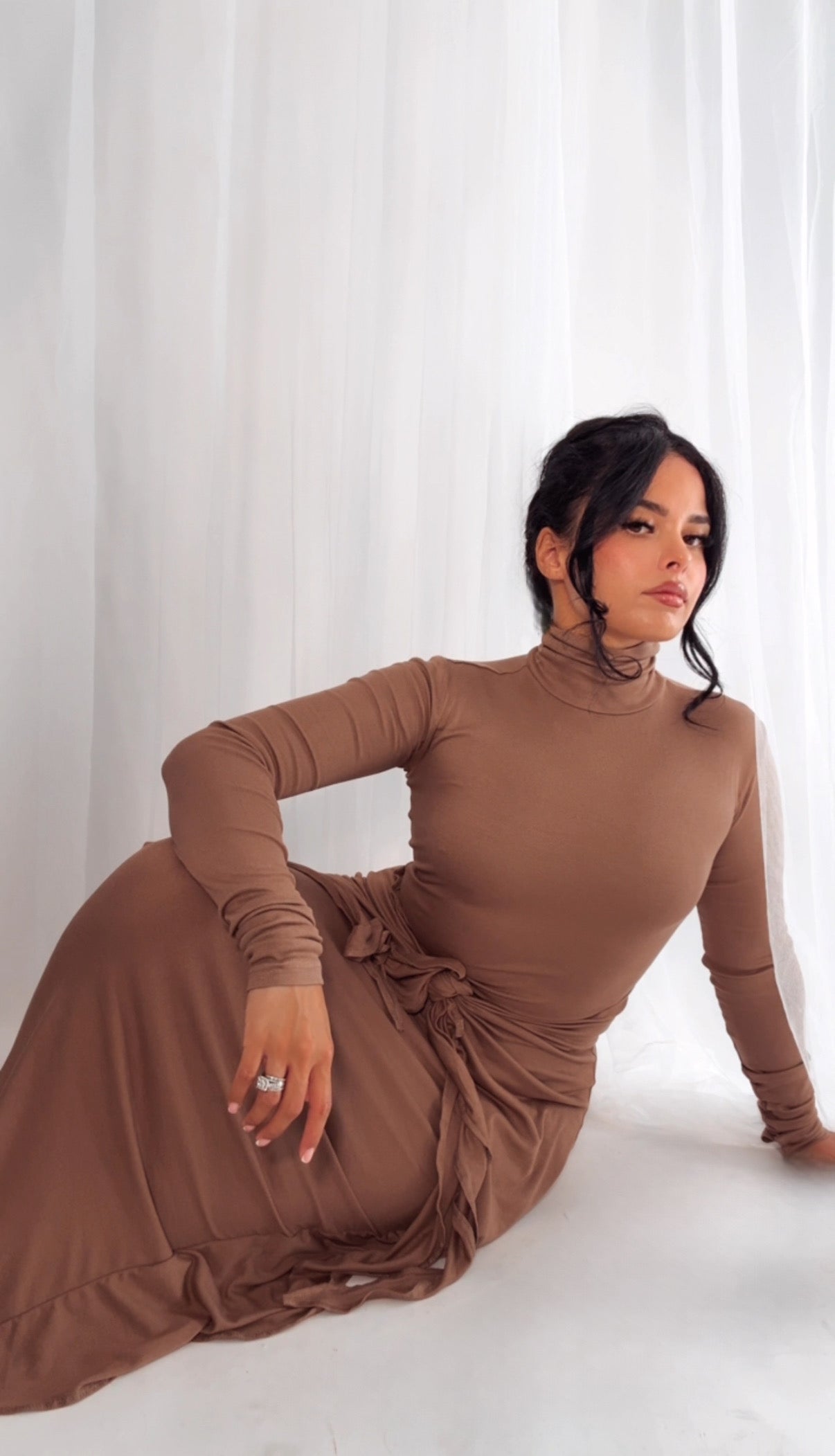 BBTM long sleeve turtleneck tie dress taupe/mocha