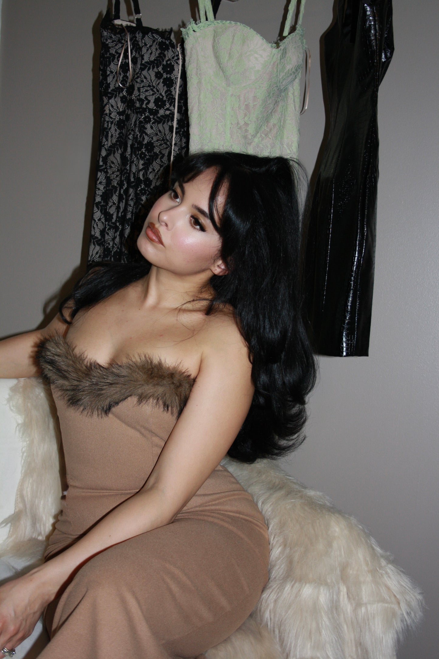 BBTM lioness fur strapless dress