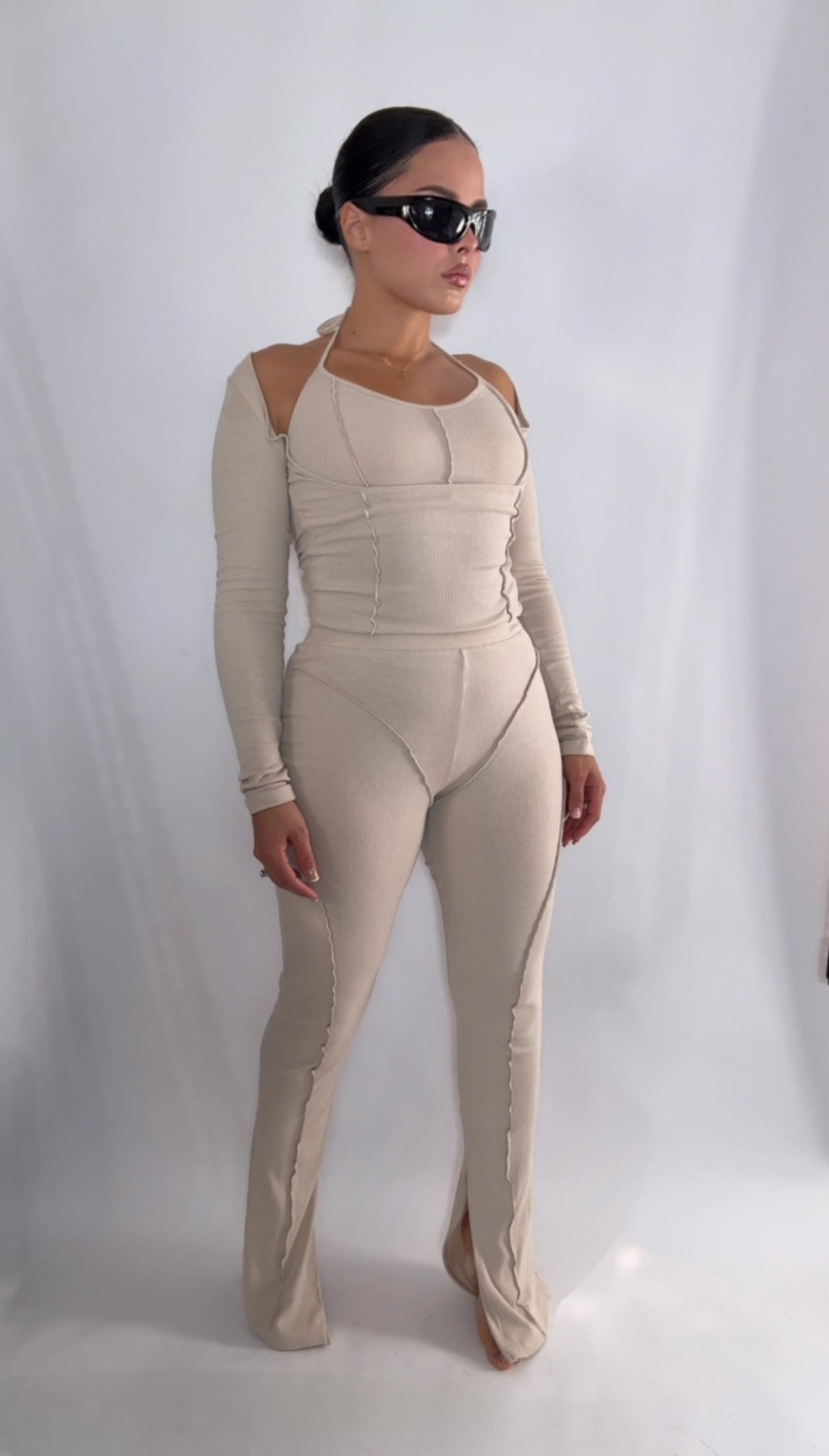 BBTM CHIC RIBBED CREAM MULTI DIMENSIONAL TOP