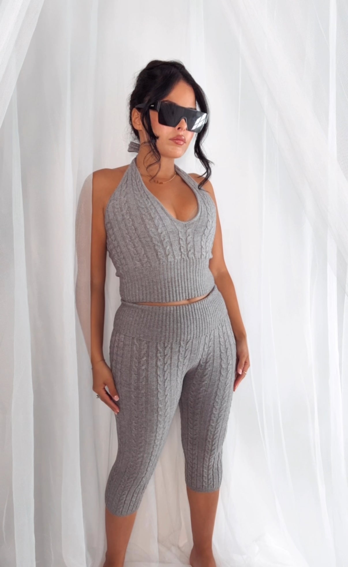 BBTM KNIT LOUNGE HALTER TIE TOP GREY