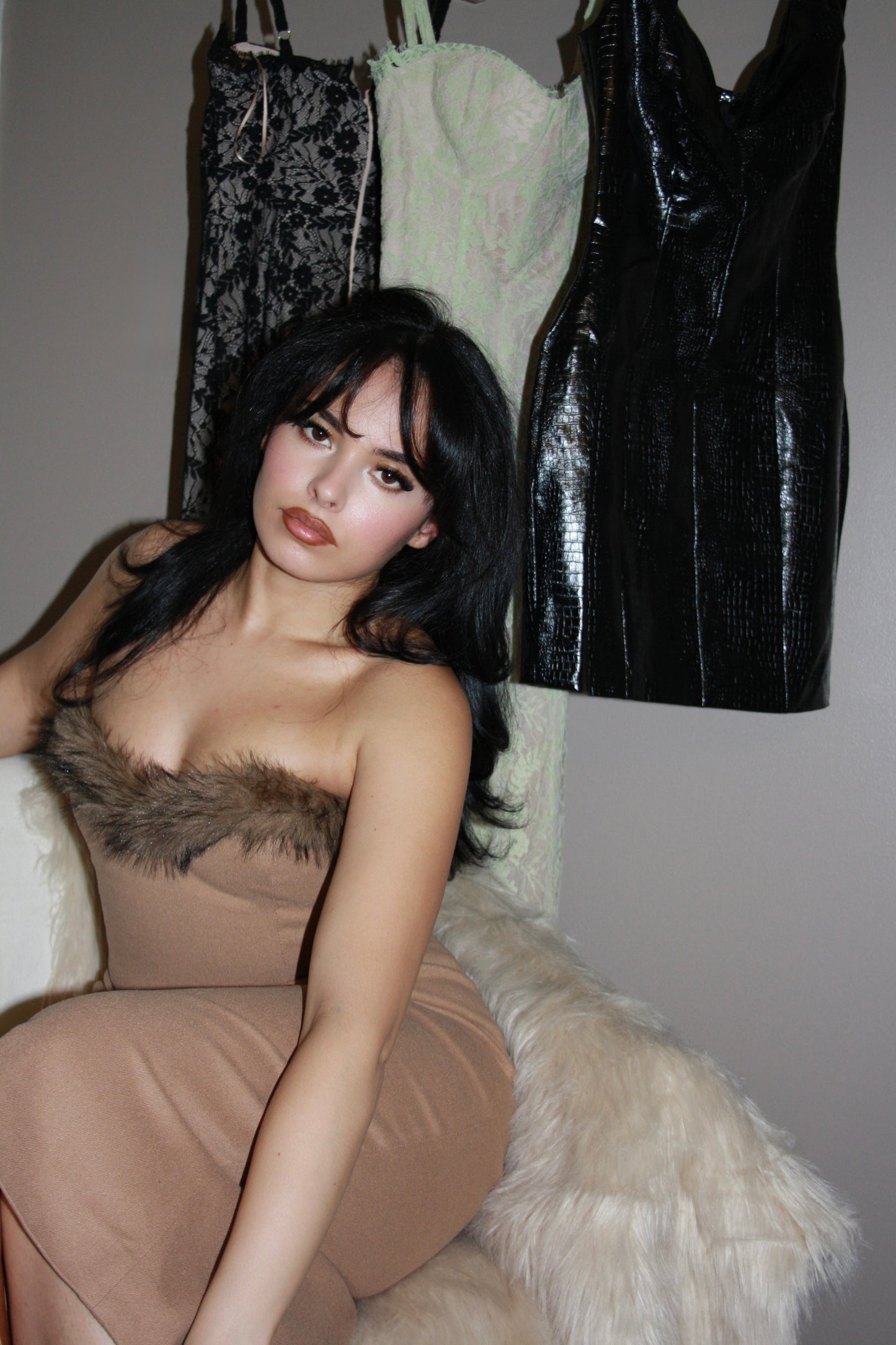BBTM lioness fur strapless dress