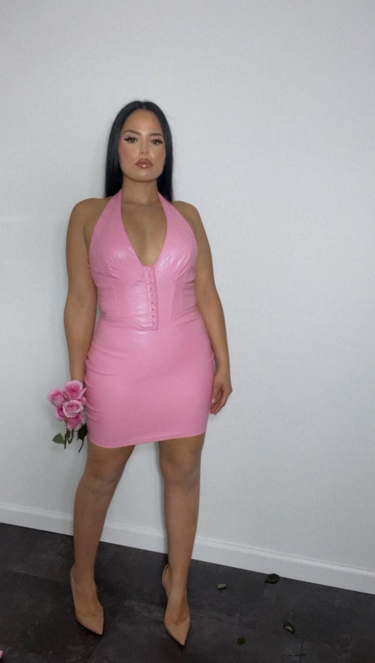 Soft pink PU halter neck dress