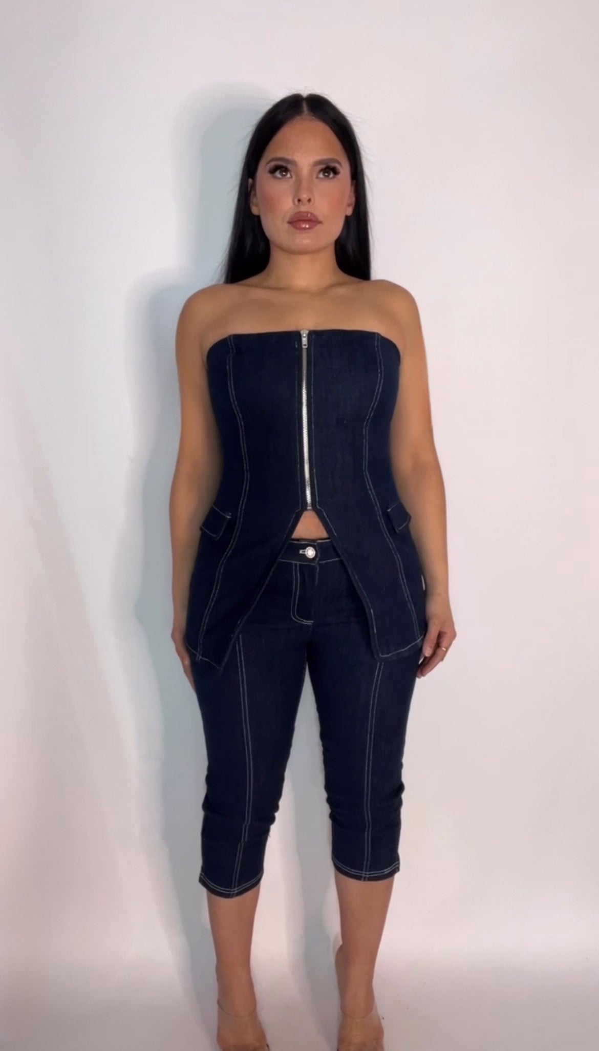 BBTM D denim zippered cargo tube top