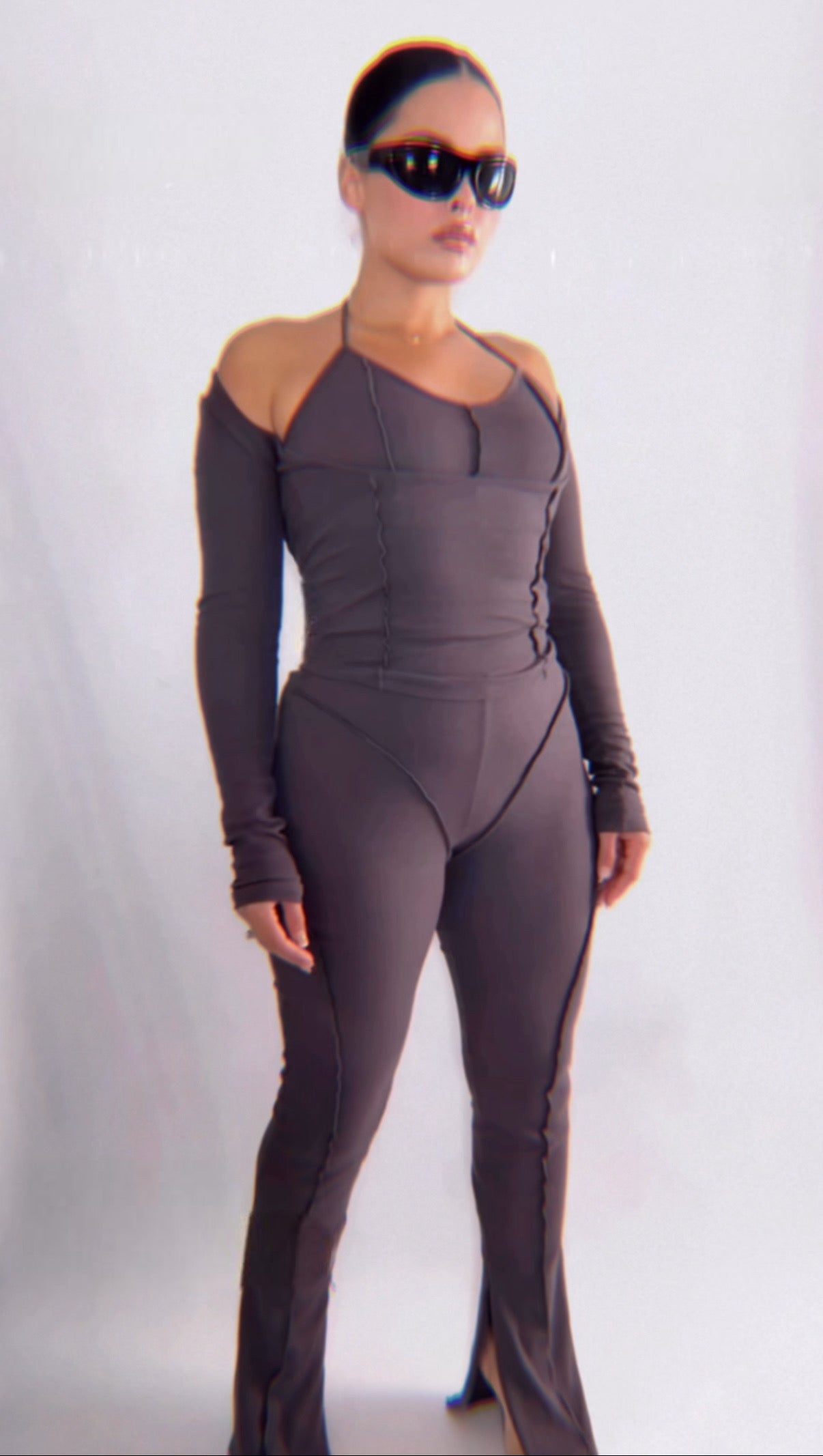 BBTM CHIC RIBBED MULTI DIMENSIONAL GREY TOP