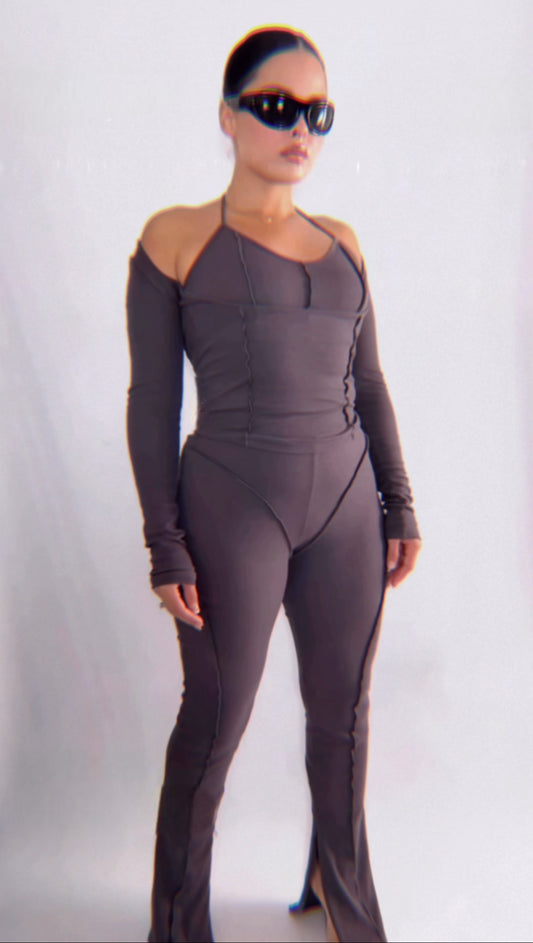 BBTM CHIC RIBBED MULTI DIMENSIONAL GREY TOP