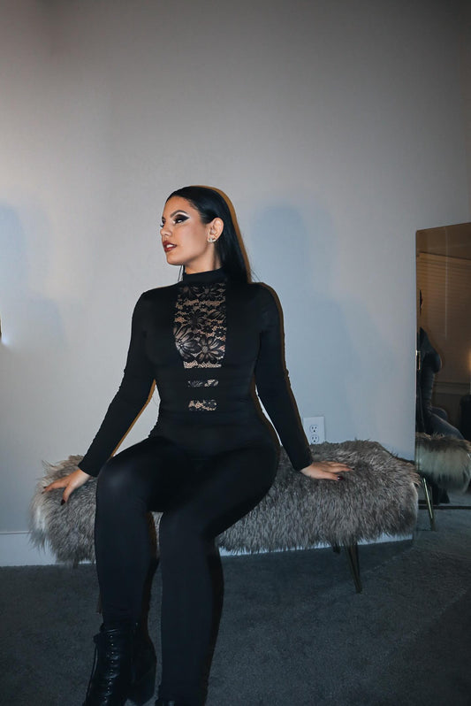 Black laced catsuit
