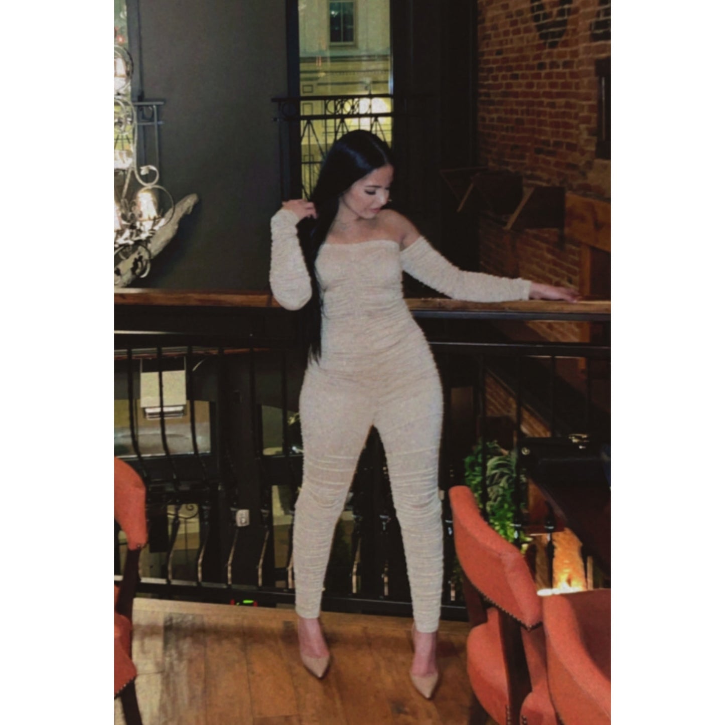 "Run this sh**t ruched off shoulder jumpsuit